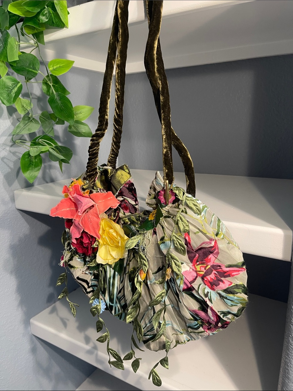 Mary Frances Multicolor Floral Appliqué Velvet-Handle Shoulder Bag